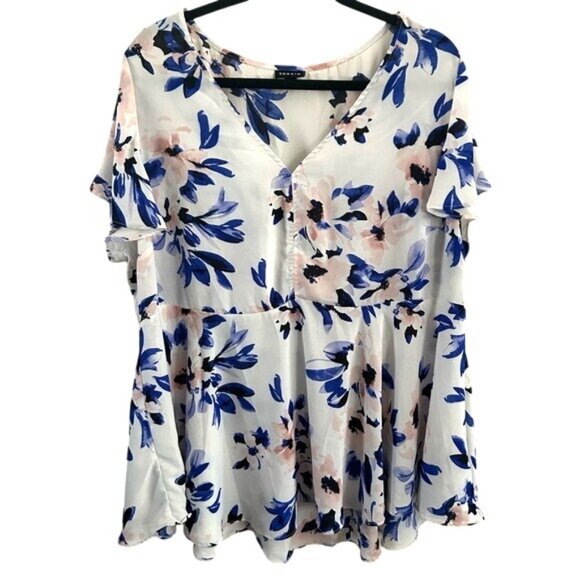 torrid Tops - Torrid Floral Pink & Blue Semi-Sheer Peplum Blouse Sz 2X